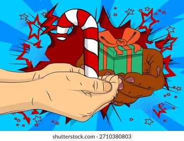 Cartoon, comic book human hands holding Gift Box and Candy cane. Retro vector comics pop art design.