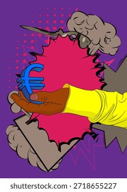 Dibujos animados, manos humanas de cómic sosteniendo el signo del euro. Diseño de arte pop de cómics de Vector retro.