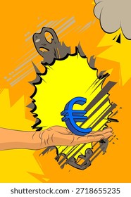 Cartoon, comic book human hands holding Euro Sign. Retro vector comics pop art design.
