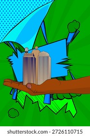 Cartoon, comic book human hands holding Skyscraper. Retro vector comics pop art design.