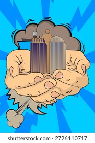 Cartoon, Comic Menschenhände mit Wolkenkratzer. Retro Vektor Comics Pop Art Design.