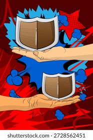 Dibujos animados, cómic manos humanas sosteniendo el escudo. Diseño de arte pop de cómics de Vector retro.
