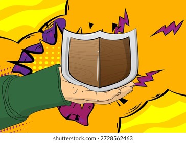 Dibujos animados, cómic manos humanas sosteniendo el escudo. Diseño de arte pop de cómics de Vector retro.