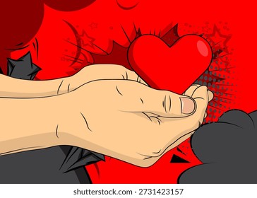 Cartoon, comic book human hands holding Red Heart. Retro vector comics pop art design.