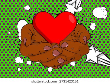 Cartoon, comic book human hands holding Red Heart. Retro vector comics pop art design.