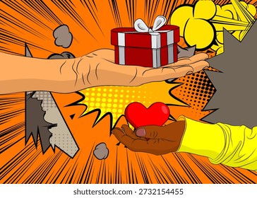 Cartoon, comic book human hands holding Heart and gift box. Retro vector comics pop art design.