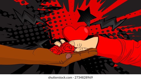 Cartoon, comic book human hands holding Red Heart and Rose. Retro vector comics pop art design.