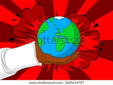 Cartoon, comic book human hands holding planet Earth. Retro vector comics pop art design.