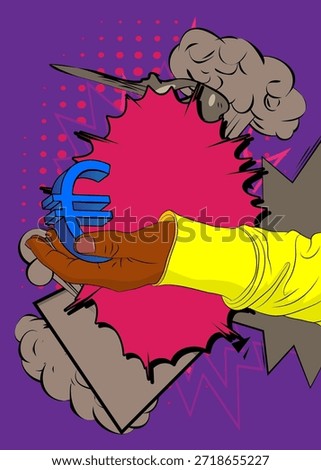 Cartoon, comic book human hands holding Euro Sign. Retro vector comics pop art design.