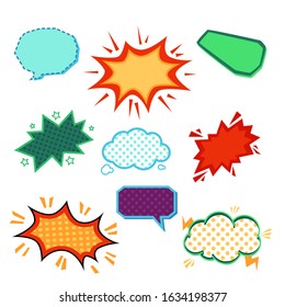 Cartoon comic book speech bubble set with blank copy space for text - colorful explosion shapes and balloon pop effects. Flat isolated vector illustration.