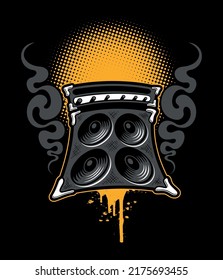 Cartoon, comic book style burnt loudspeaker, guitar amplifier vector illustration. 