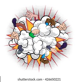 A Cartoon Comic Book Style Fight Dust Cloud With People Fighting With Just Fists, Hands And Legs Visible