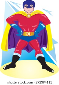 A cartoon comic book superhero with mask and cape