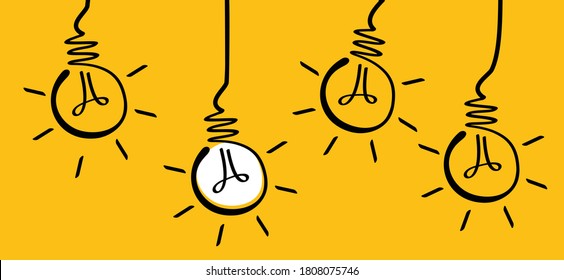 Doodle de idea de lámpara eléctrica de cerebro de cómico. Preguntas frecuentes, concepto de carga comercial. Icono de la bombilla vectorial divertida o firma ideas. Pancarta brillante sobre la educación de bombillas ligeras o el pictograma de invención.
