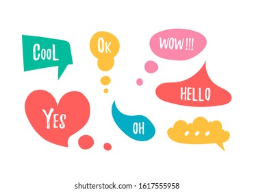 Cartoon comic bubble doodle set. Fashionable speech bubbles are set in a flat design with short messages. Shaped banners, price tags, labels, badges. Vector flat icons. 