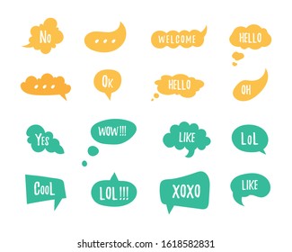 Cartoon comic bubble doodle set. Fashionable speech bubbles are set in a flat design with short messages. Shaped banners, price tags, labels, badges. Vector flat icons. 