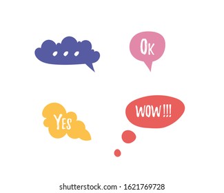 Cartoon comic bubble doodle set. Fashionable speech bubbles are set in a flat design with short messages. Shaped banners, price tags, labels, badges. Vector flat icons. 
