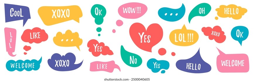 Cartoon comic bubble doodle set. Fashionable speech bubbles are set in a flat design with short messages. Shaped banners, price tags, labels, badges. Vector flat icons PNG.	