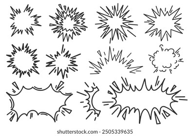Cartoon comic burst with splashes. Bomb explosion effect frames. Vector pow effect with smoke and speed lines. Doodle action hand drawn bubbles and shapes.