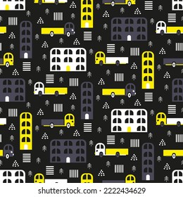 Cartoon comic cars for boy pattern. Trucks on dark city background. Construction vehicles for seamless fabric prints of children's outerwear. Black yellow urban landscape. Picture of  lorry, houses.