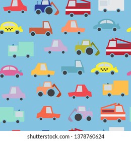 Cartoon comic cars seamless pattern on blue background