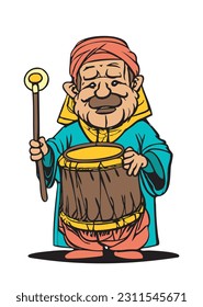 cartoon comic character for An Arabian old man wearing a robe and holding a drum and a small stick