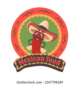 Cartoon comic character chilli pepper with sombrero. Latinamerican elment. Mexican food text. Doodle drawn vector illustration for dishes, menu, poster, flyer, banner, delivery, cooking concept 
