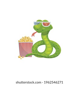 Cartoon comic character of funny green boa or anaconda snake in 3d cinema glasses and with popcorn, flat vector illustration isolated on white background.