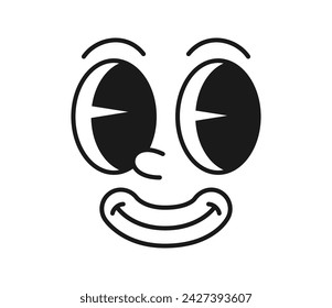 Cartoon comic character with a groovy face, featuring exaggerated funny eyes full of emotion, embodies a retro and cute emoji charm. Isolated vector cartoon personage with quirky and nostalgic vibe