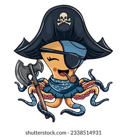 Cartoon comic character of shy octopus cyborg pirate with tricorn hat smoking a pipe with a war axe. Illustration for fantasy, science fiction and adventure comics