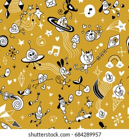 cartoon comic characters group seamless pattern