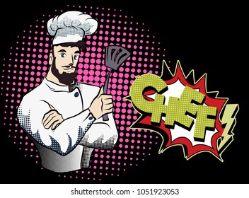 cartoon comic chef on halftone background.handsome chef.