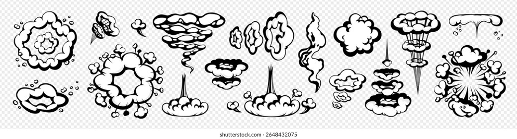 Humo de la nube del cómic de la historieta con efecto del movimiento, aislado en fondo transparente. Explosión de Vector y Elementos de vapor en estilo cómico. Ideal para pegatinas, juegos, cómics y animación