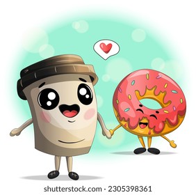 Cartoon comic coffee cup and donut. Vector cartoon illustration. Coffee to go. Funny cartoon characters coffee and donut. For confectionery or coffee shop and bakery.
