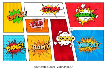 Cartoon comic colorful speech bubbles various shapes and word with dotted pattern vector set. Chat message frames with slogan, motion effect. Text boxes collection on POP art decorative background