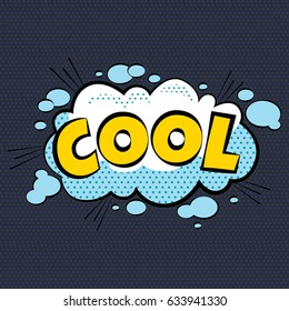 Cartoon comic cool bubbles labels with text and elements with shadows, retro vector pop art illustration, halftone dot vintage effect background.