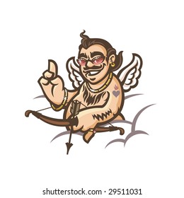 A cartoon comic Cupid (St. Valentine) with a bow and arrows in  clouds