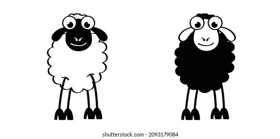 Cartoon, comic cute black and white sheep stickman. sheep icon. Drawing black sheep lamb sign or pictogram. Stick figure character. Happy animal face. Vector 