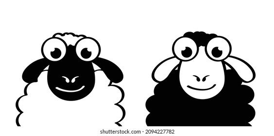 Cartoon, comic cute black and white sheep stickman. sheep icon. Drawing black sheep lamb sign or pictogram. Stick figure character. Happy animal face.