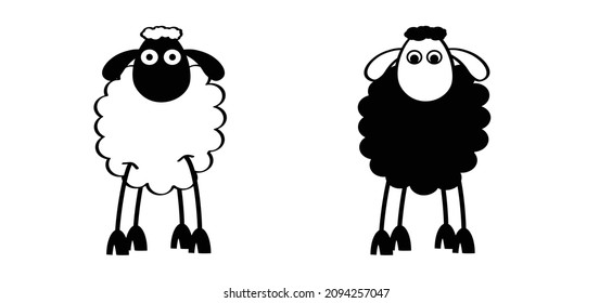 Cartoon, comic cute black and white sheep stickman. sheep icon. Drawing black sheep lamb sign or pictogram. Stick figure character. Happy animal face.