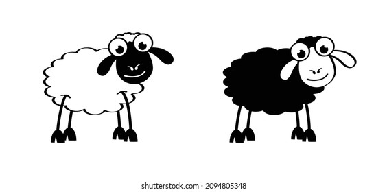 Caricatura, cómico tierno de ovejas blancas y negras. icono de oveja. Dibujar el signo o pictograma de cordero negro. Carácter de figura de palo. Feliz cara animal.