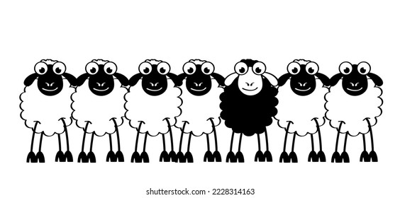 Cartoon, comic cute black and white sheep stickman. sheep icon. Drawing black sheep lamb sign or pictogram. Stick figure character. Happy animal face.