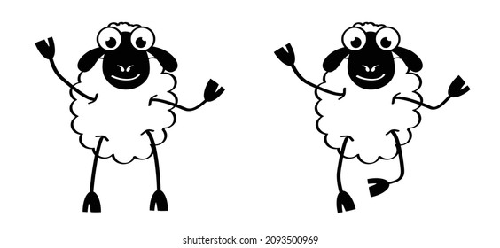 Cartoon, comic cute sheep stickman. sheep icon. Drawing black sheep lamb sign or pictogram. Stick figure character. Happy animal face.