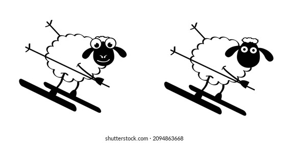 Cartoon, comic cutsheep stickman with ski jump. Sheep spring skier icon. Drawing sheep lamb sign or pictogram. Skiing Stick figure character. Happy animal face. Vector snow winter.