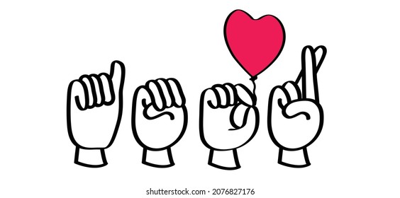 Cartoon, comic deaf language sign, amor, Italy word meaning love, with heart symbol. Hand spelling. Happy valentines day on february 14 ( valentine, valentine’s day ). Vector.