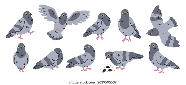 Cartoon comic dove character. Funny bird mascot in different poses, cute city pigeon, pecks at seeds, flying, sleeping, doodle style, freedom and peace character garish vector isolated set