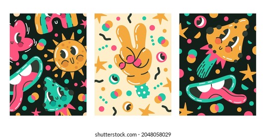 Cartoon comic emojis posters. Cute abstract comic doodle characters cartoon vector background illustration set. Contemporary comic mascots posters