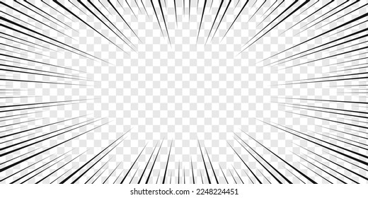 Cartoon oder Comic Hervorhebung Design. Manga Buchseite Vorlage. Schwarze Linien mit Radialgeschwindigkeit auf transparentem Hintergrund. Knall, Knall, Zorn, Explosion, Kampf, Macht, Schrei, Bewegung, Berstbildeffekt