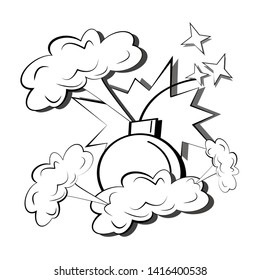 Cartoon comic explosions with clouds of smoke, sparks, a bomb and a speech bubble template for text. Pop art illustration of a big bang with a flash.