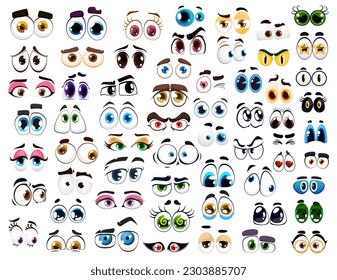 Cartoon comic eyes or happy funny face look characters, vector cute smile icons. Cartoon eyes emoticons and emoji with angry, sad and laugh fun facial emotion and expression eyes with eyebrows